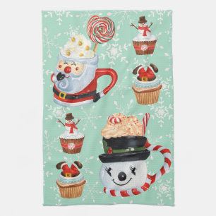 Christmas Santa & Snowman Hot Cocoa & Cupcakes Kitchen Towel