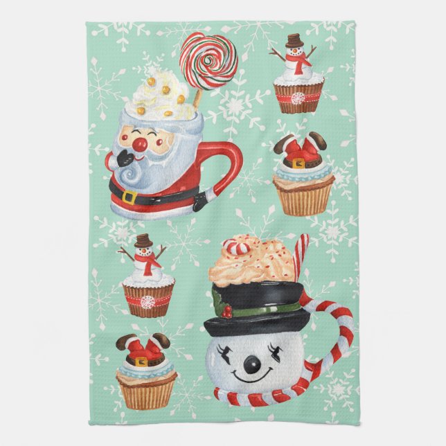 Christmas Santa & Snowman Hot Cocoa & Cupcakes  Kitchen Towel (Vertical)