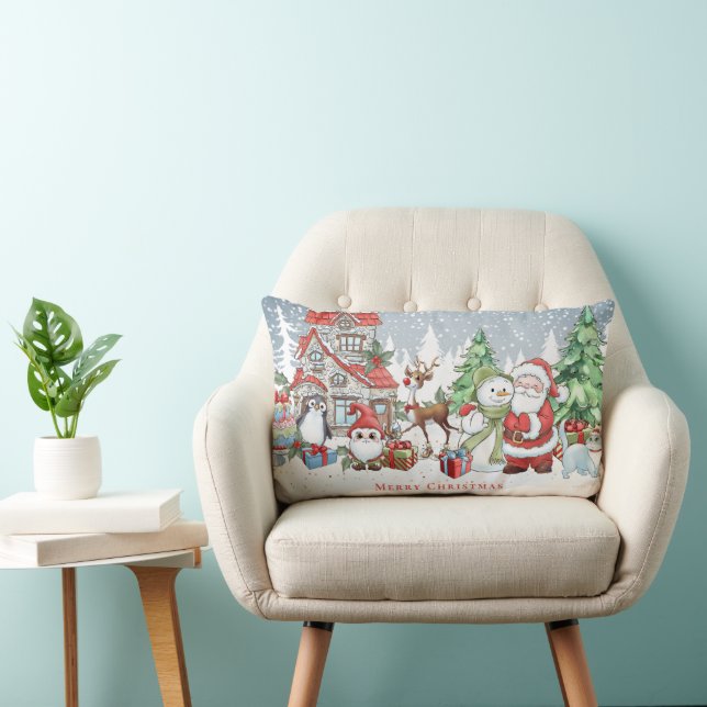 Christmas Santa Snowman Rudolph Card Lumbar Pillow (Chair)