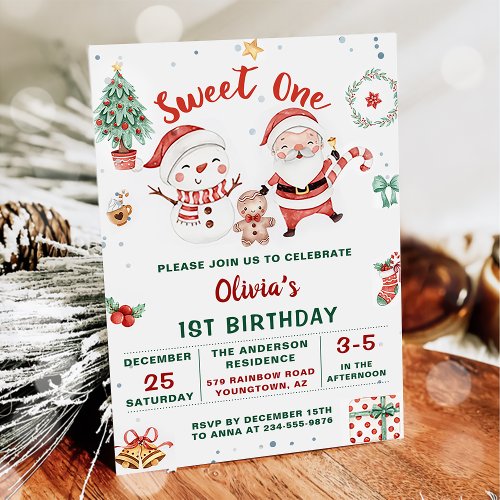 Christmas Santa Snowman Sweet One Birthday Invitation
