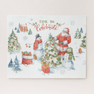 Christmas Santa Snowmen Celebrate Watercolor Jigsaw Puzzle