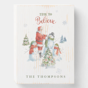 Christmas Santa Snowmen Watercolor Personalized Wooden Box Sign