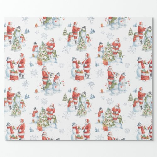 Christmas Santa Snowmen Watercolor Wrapping Paper