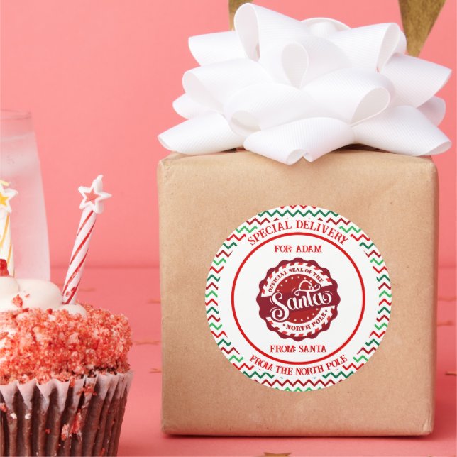 Christmas Santa Special Delivery with Name Classic Round Sticker (Party)