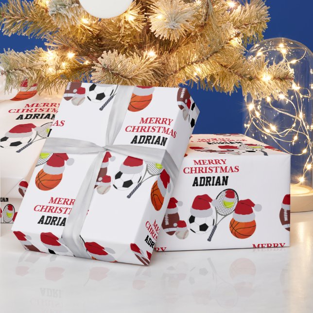 Christmas Santa Sports Athletic Balls Custom Name  Wrapping Paper (Holidays)