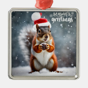 Christmas Santa Squirrel with Pinecone Metal Ornament