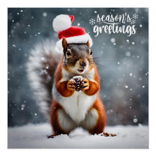 Christmas Santa Squirrel with Pinecone  Poster