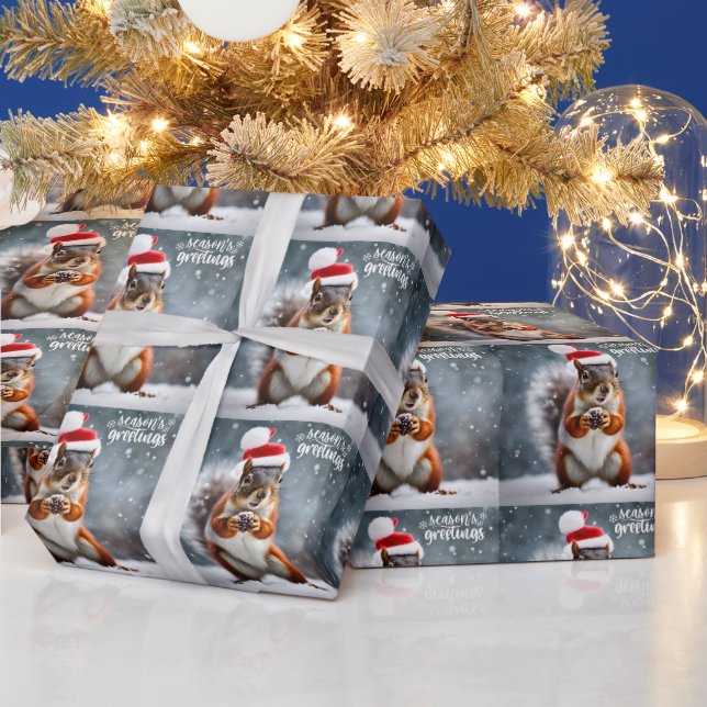 Christmas Santa Squirrel with Pinecone  Wrapping Paper (Holidays)