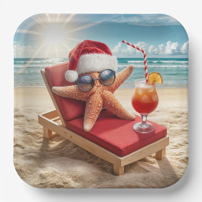 Christmas Santa Stafish On a Chaise Lounge Paper Plates (Front)
