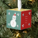 Christmas Santa stop here Snowman child Photo Cube Ornament<br><div class="desc">Personalize this Christmas Snowman Photo Ornament,  with your own photo and text.
Designed in red,  green,  yellow,  with stars.
'Santa please stop here'
'Name - been good this year'
'Happy Holidays'
'Merry Christmas'</div>