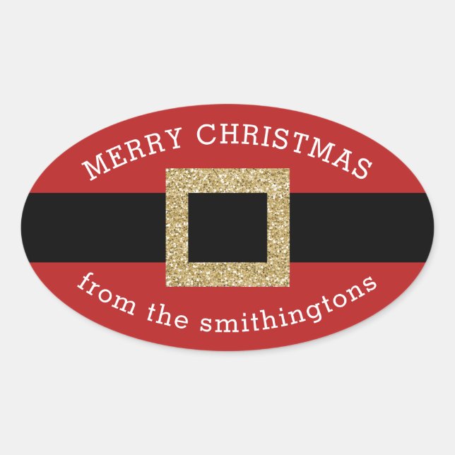 Christmas Santa Suit Gold Red Personalized Name Oval Sticker (Front)