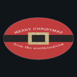 Christmas Santa Suit Gold Red Personalized Name Oval Sticker<br><div class="desc">Cute and minimal modern Santa Claus suit sticker with a gold glitter belt buckle and personalized greeting with your family name to use for Christmas cookie container labels or holiday housewarming gifts and envelope seals.</div>