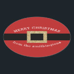 Christmas Santa Suit Gold Red Personalized Name Oval Sticker<br><div class="desc">Cute and minimal modern Santa Claus suit sticker with a gold glitter belt buckle and personalized greeting with your family name to use for Christmas cookie container labels or holiday housewarming gifts and envelope seals.</div>