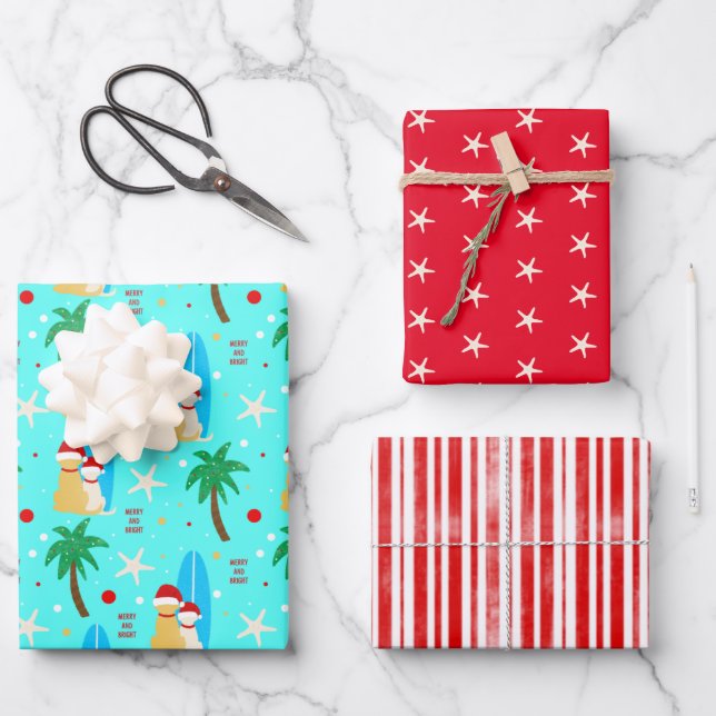 Christmas Santa Surfing Dogs Gift Wrap Set of 3 (Front)