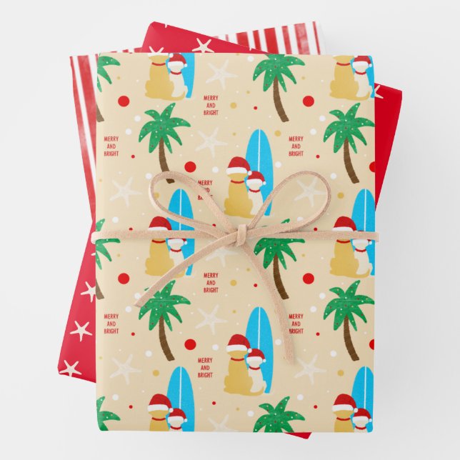 Christmas Santa Surfing Dogs Tan Gift Wrap Set 3 (In situ)