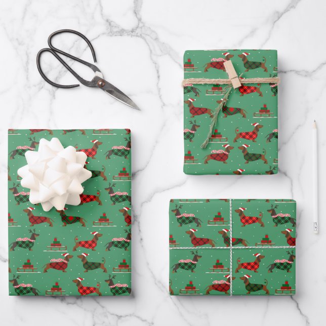 Christmas Santa Sweater Wearing Dachshund Pet Xmas Wrapping Paper Sheets (Front)