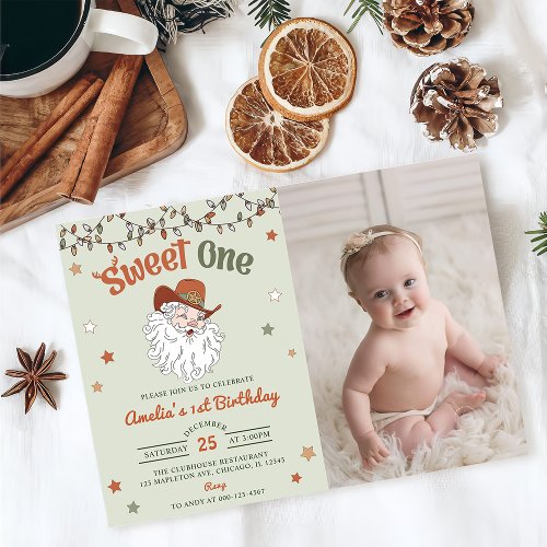 Christmas Santa Sweet One Birthday Party Photo  Invitation