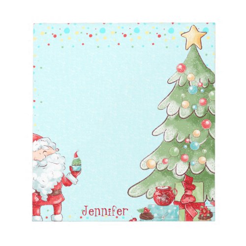 Christmas Santa  Tree Whimsical w Name Gift Notepad