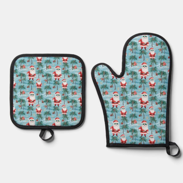 Christmas Santa Tropical Beach Oven Mitt & Pot Holder Set (Front)