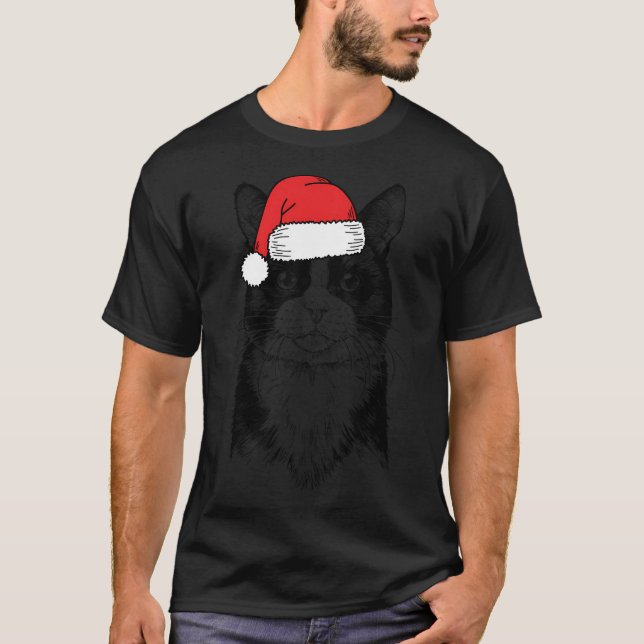 Christmas Santa Tuxedo Cat Holiday T-Shirt (Front)