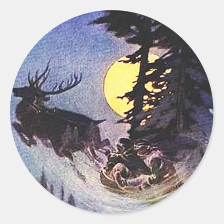 Christmas Santa Two Reindeer Forest Gift Wrap Classic Round Sticker