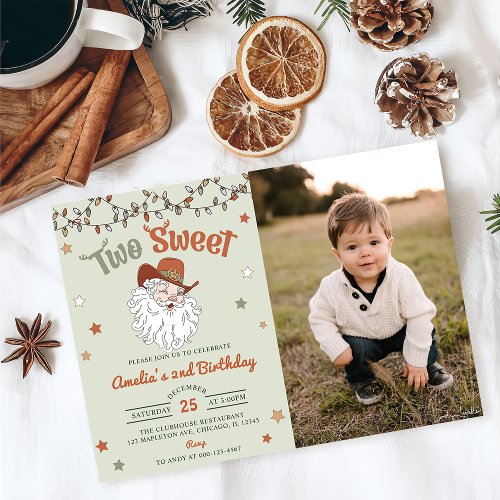 Christmas Santa Two Sweet 2nd Birthday Party Photo Invitation