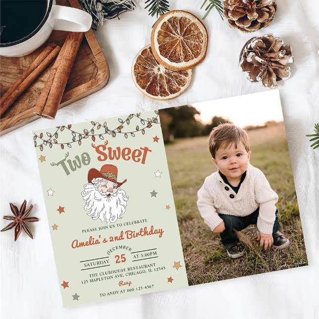 Christmas Santa Two Sweet 2nd Birthday Party Photo Invitation (Creator Uploaded)