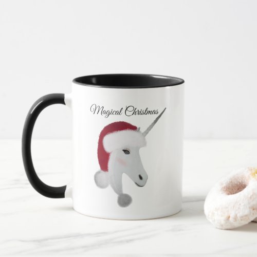 Christmas Santa Unicorn White Red Black Script  Mug