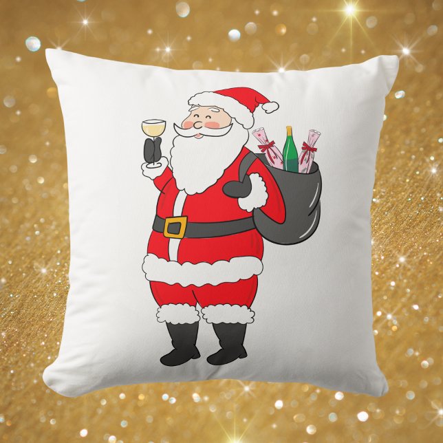 Christmas Santa White Wine Lover Festive Throw Pillow (Creator Uploaded)