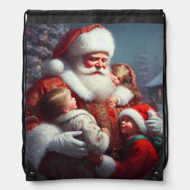 Christmas Santa with Children 4 Drawstring Bag (Front)