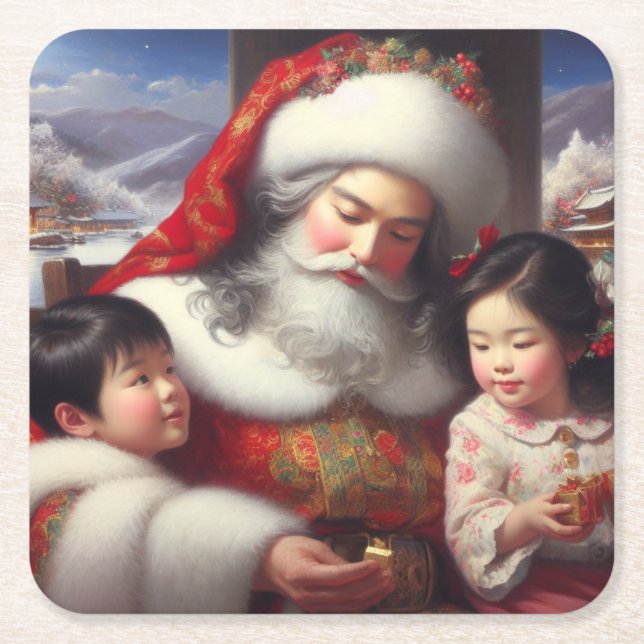 Christmas Santa with Children 5 Square Paper Coaster (Front)