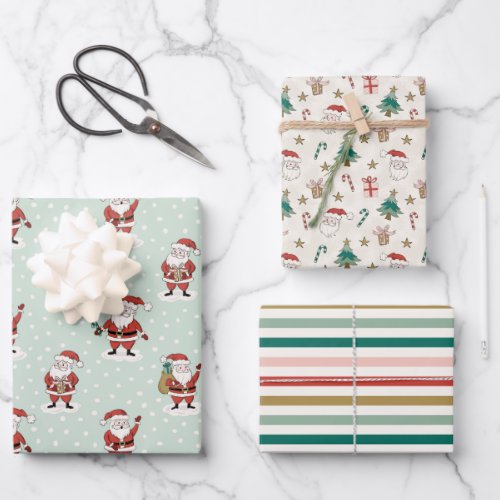 Christmas Santa Wrapping Paper Flat Sheet Set of 3