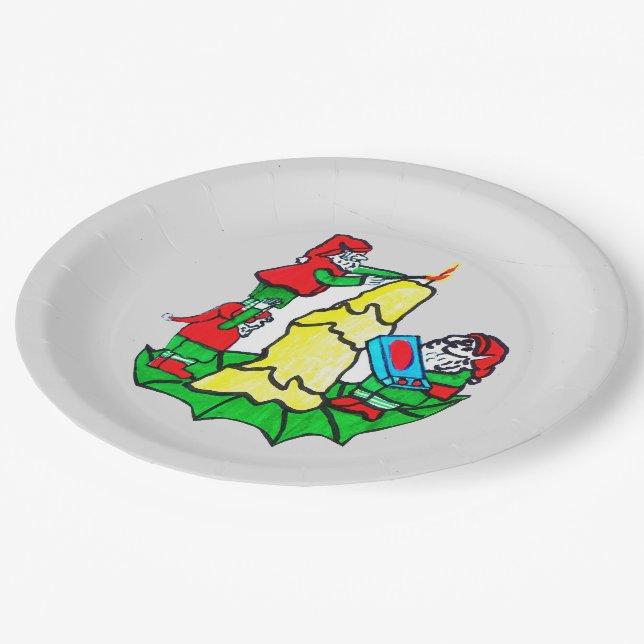 CHRISTMAS SANTA'S ELVES DECORATING  PAPER PLATES (Angled)