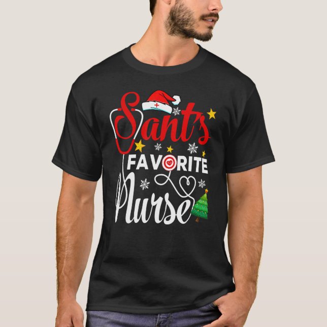 Christmas Santa's Favorite Nurse  Santa Hat Xmas L T-Shirt (Front)