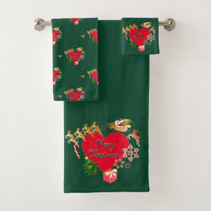 Christmas Santa's Reindeer Green Bath Towel Set