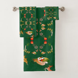 Christmas Santa's Reindeer Green Bath Towel Set