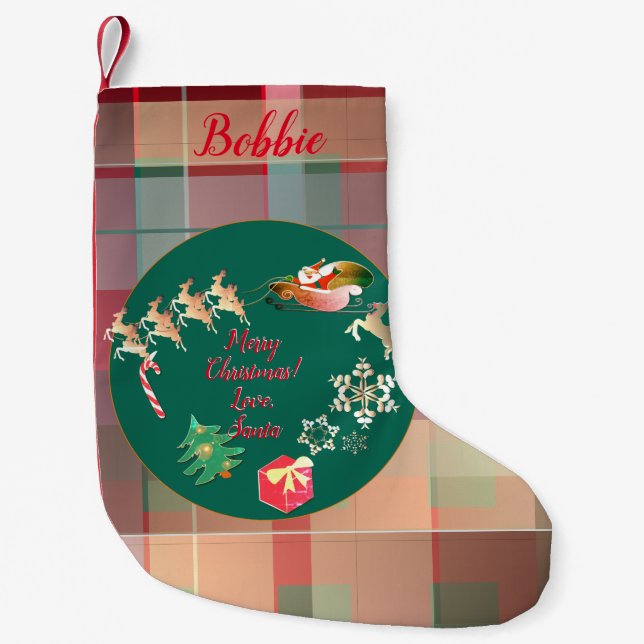 Christmas Santa's Reindeer Plaid Small Christmas Stocking (Front)