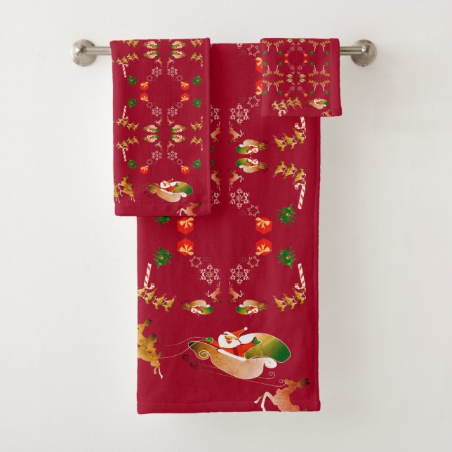 Christmas Santa's Reindeer Red Bath Towel Set (Insitu)