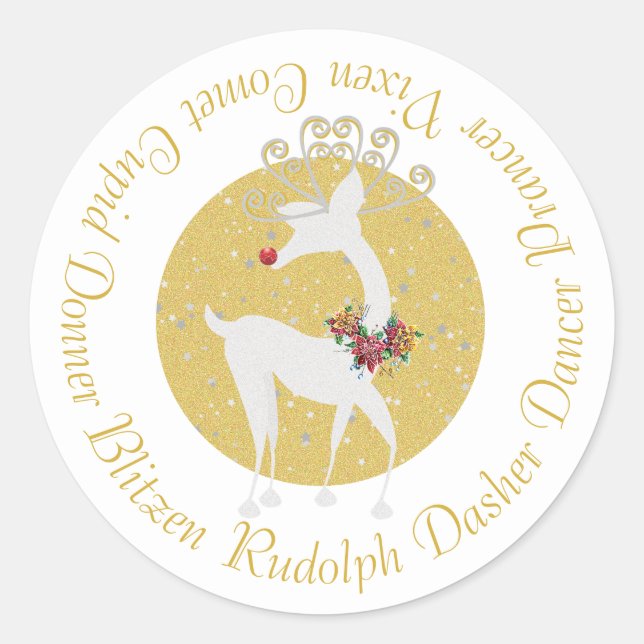 Christmas Santa's Reindeer Rudolph Poinsettia Classic Round Sticker (Front)