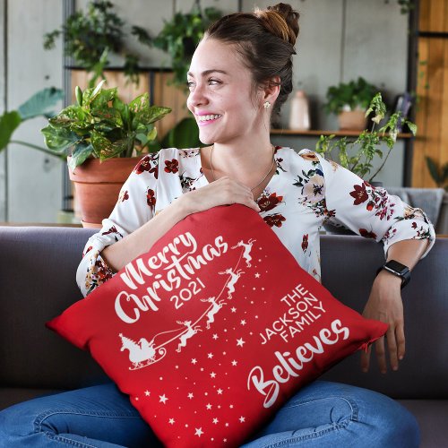 Christmas Santas sleigh reindeer believe Throw Pillow