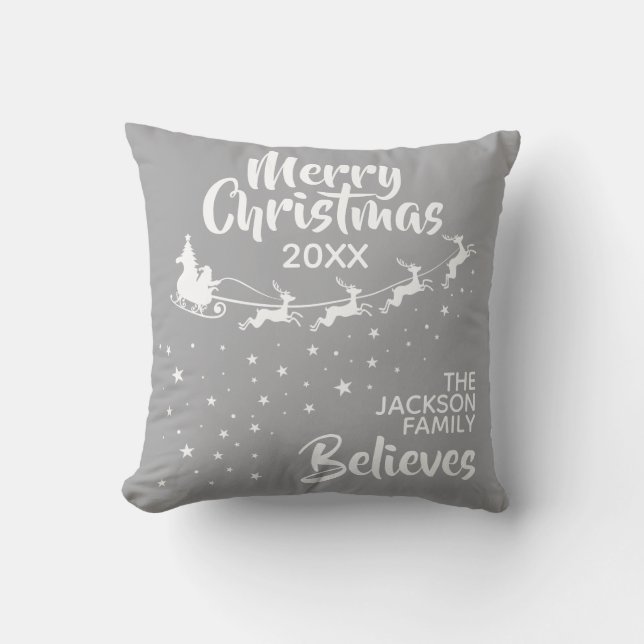 Christmas Santa's sleigh reindeer believe Throw Pillow (Front)
