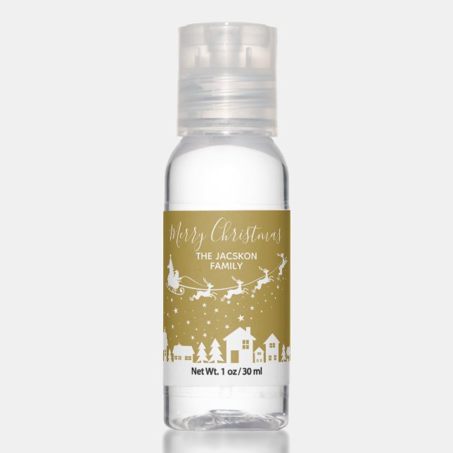 Christmas Santa's sleigh & reindeers holiday gold Hand Sanitizer (Front)