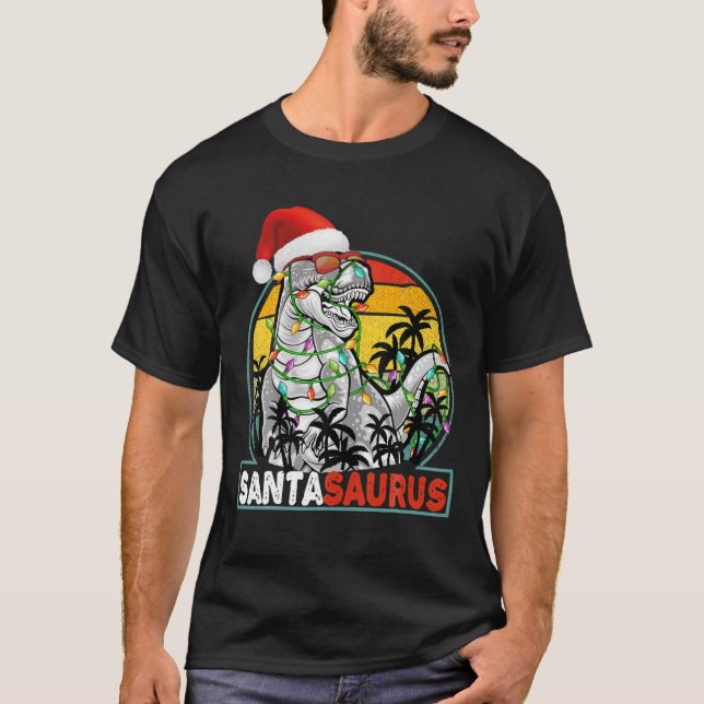 Christmas Santasaurus Dinosaur Rex Xmas Lights Men T-Shirt (Front)