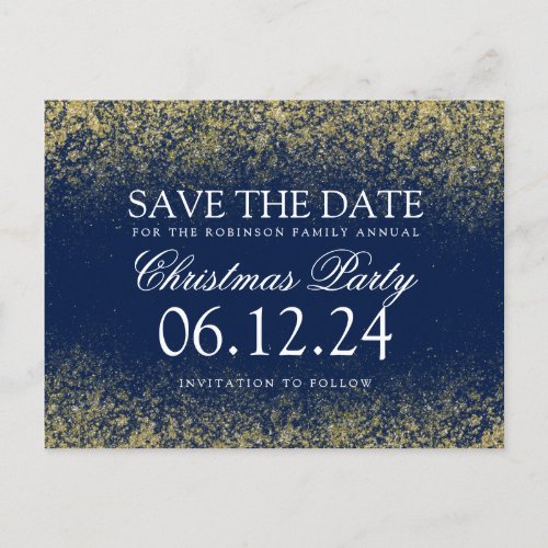 Christmas Save The Date Gold Glitter Dust Navy Blu Announcement Postcard