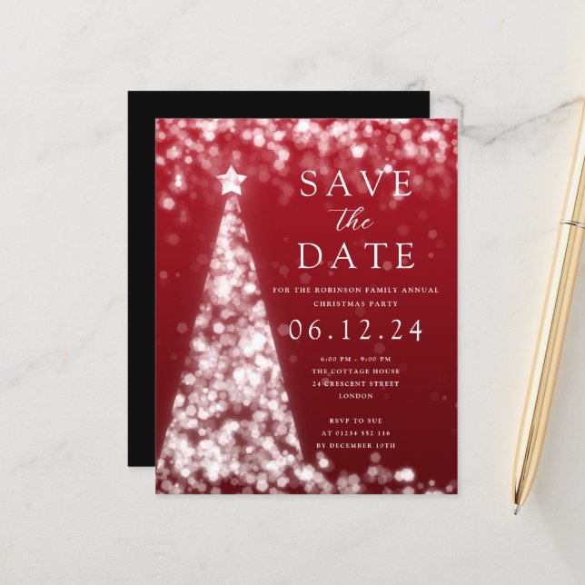 Christmas Save The Date Silver Tree Red Invite (Front/Back In Situ)