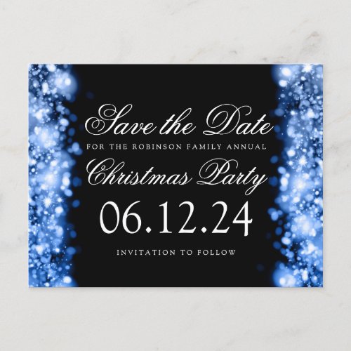 Christmas Save The Date Sparkling Lights Blue Announcement Postcard