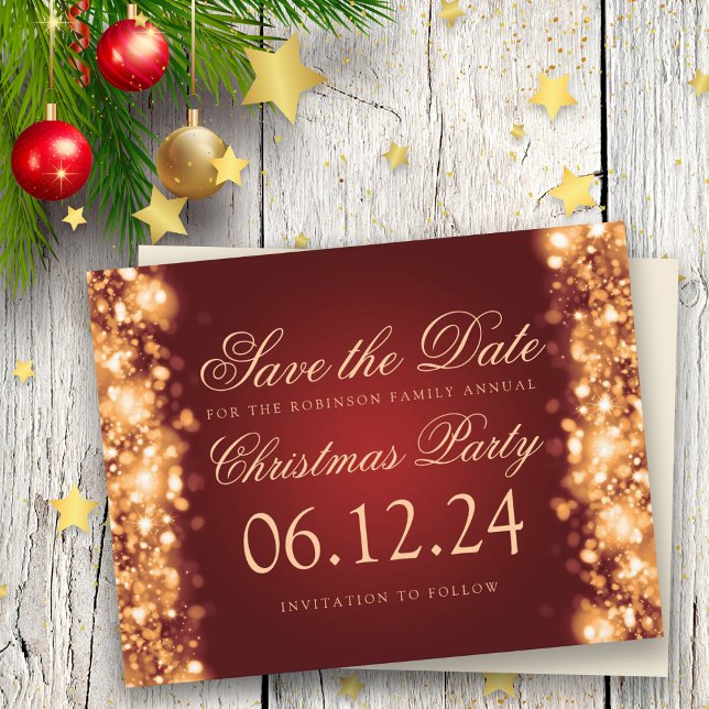 Christmas Save The Date Sparkling Lights Gold Red Announcement Postcard (Creator Uploaded)