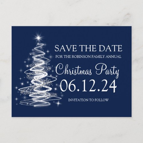 Christmas Save The Date Sparkling Tree Navy Blue Announcement Postcard