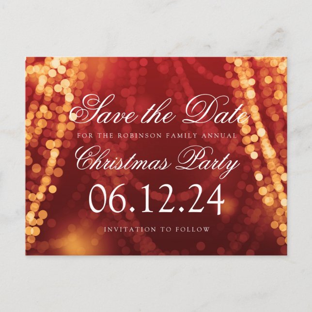 Christmas Save The Date String Lights Gold Red Announcement Postcard (Front)