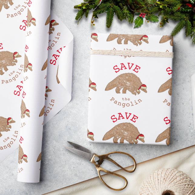 Christmas Save the Pangolin Slogan Wrapping Paper (Christmas pangolin wearing a Santa hat holiday wrapping paper with save the pangolin slogan)